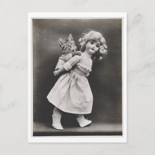 Doll Carrying a Cat in a Backpack Vintage Oddity Postcard