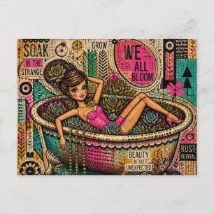 Doll in a Bathtub of Plants Fun Garden Art Collage Postcard
