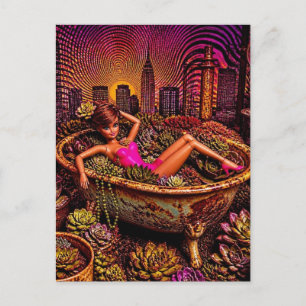 Doll in a Bathtub of Plants Fun Garden Art Postcard