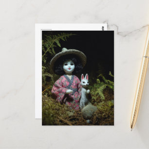 Doll in the Mossy Forest With a Rabbit Postcard