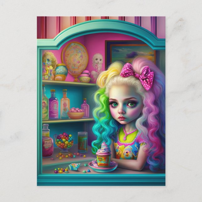 Doll With Colourful Hair in a Sweets Shop Postcard (Front)