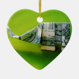 Dollar bill origami Elephant on Green background Ceramic Ornament