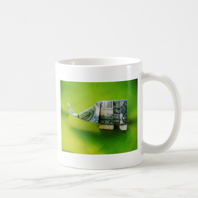 Dollar bill origami Elephant on Green background Coffee Mug (Right)