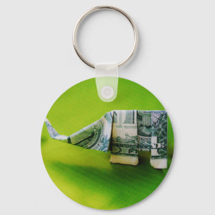 Dollar bill origami Elephant on Green background Key Ring