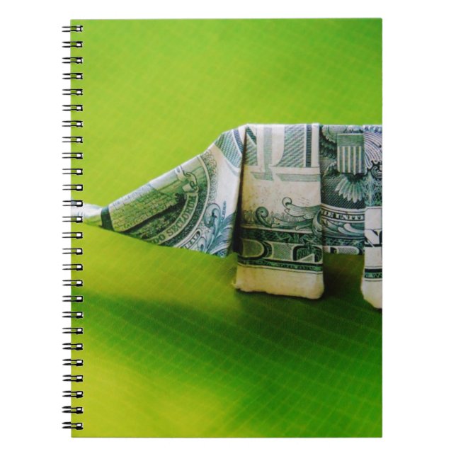 Dollar bill origami Elephant on Green background Notebook (Front)