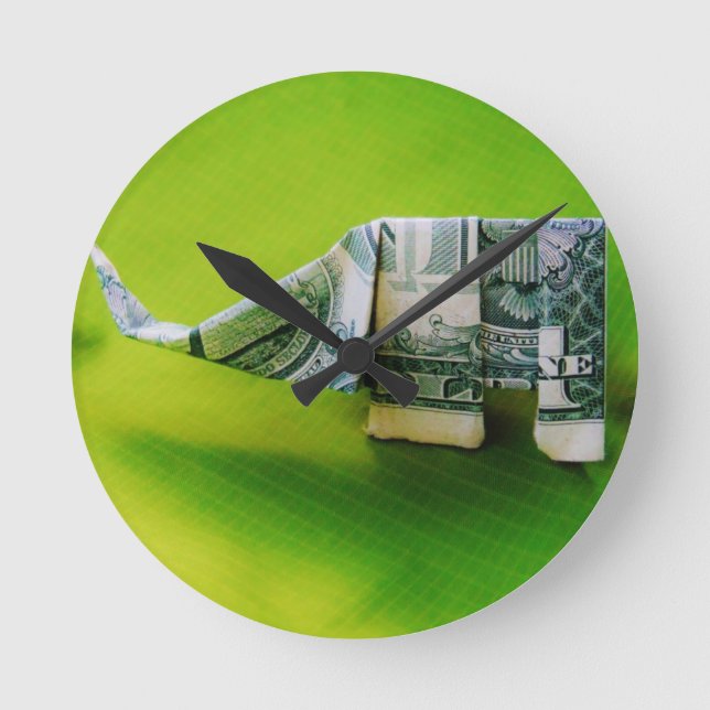 Dollar bill origami Elephant on Green background Round Clock (Front)