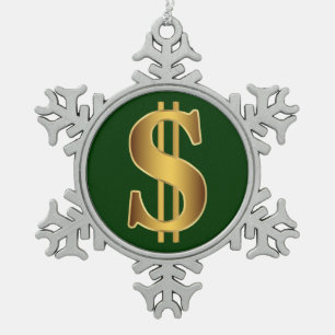 Dollar sign snowflake pewter christmas ornament