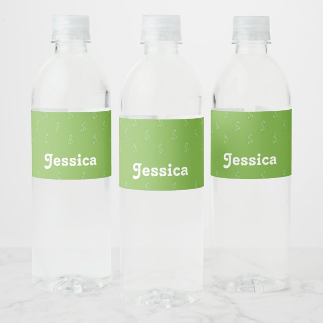 Dollar signs pattern on green water bottle label (Bottles)