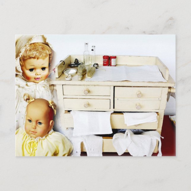 Dolls and vintage changing table postcard (Front)