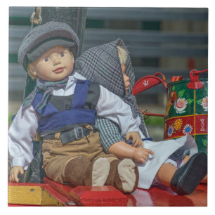 Dolls and watering can ceramic photo tile