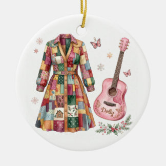 Dolly Coat of Many Colours Pink Guitar Ceramic Ornament
