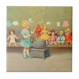 Dolly Laundry Girl Vintage Playing Dolls Cute Ceramic Tile