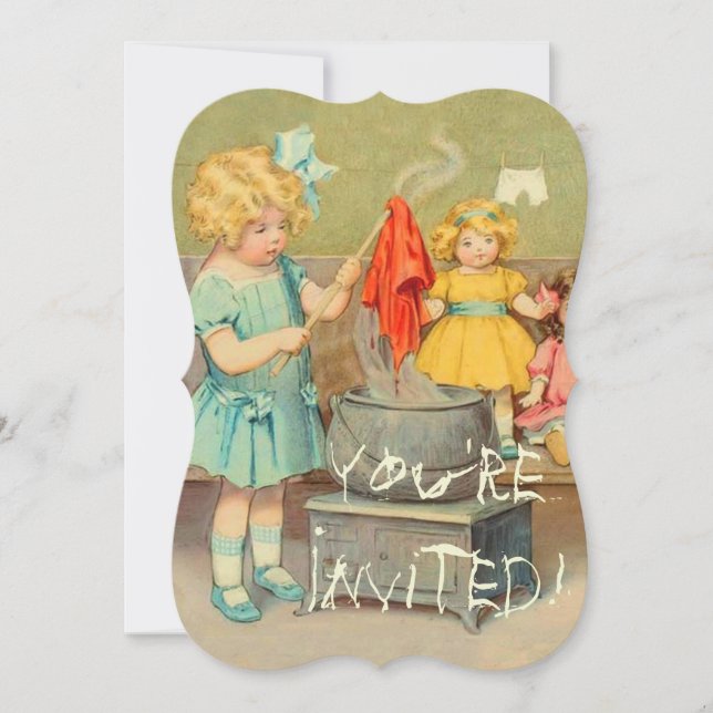 Dolly Laundry Girl Vintage Playing Dolls Cute Invitation (Front)