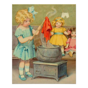 Dolly Laundry Girl Vintage Playing Dolls Cute Poster