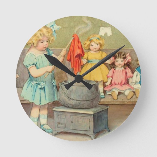 Dolly Laundry Girl Vintage Playing Dolls Cute Round Clock (Front)