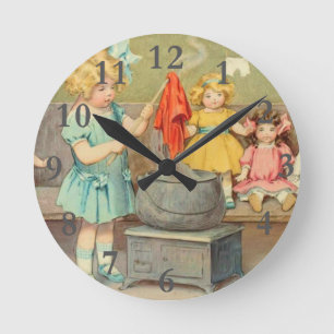 Dolly Laundry Girl Vintage Playing Dolls Cute Round Clock