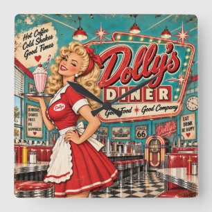 Dolly’s Diner Vintage 1950s Americana Retro Pin-Up Square Wall Clock