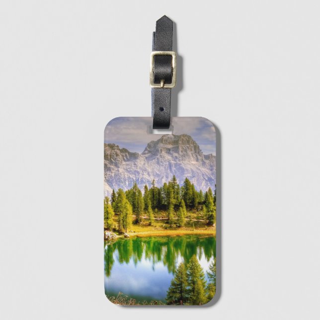 Dolomite Mountains and Lake Stunning Landscape Luggage Tag (Front Vertical)