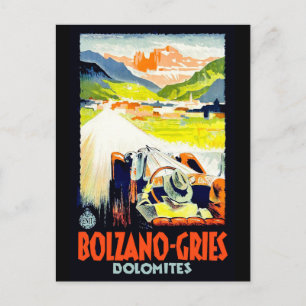 Dolomites, Car on the road, Italy. Vintage travel Postcard