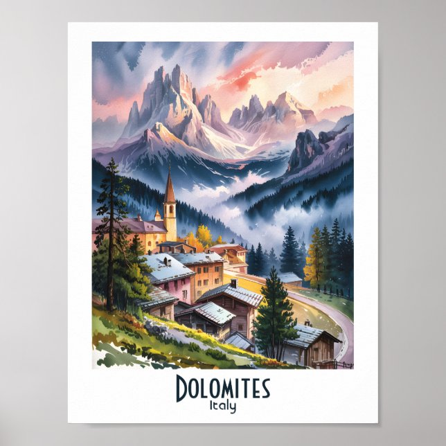 Dolomites Italy Alps Mountain Landscape Watercolor Poster (Front)