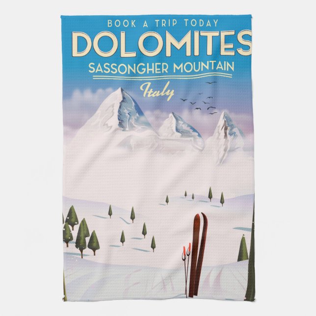 Dolomites  Sassongher Mountain Italy travel poster Tea Towel (Vertical)