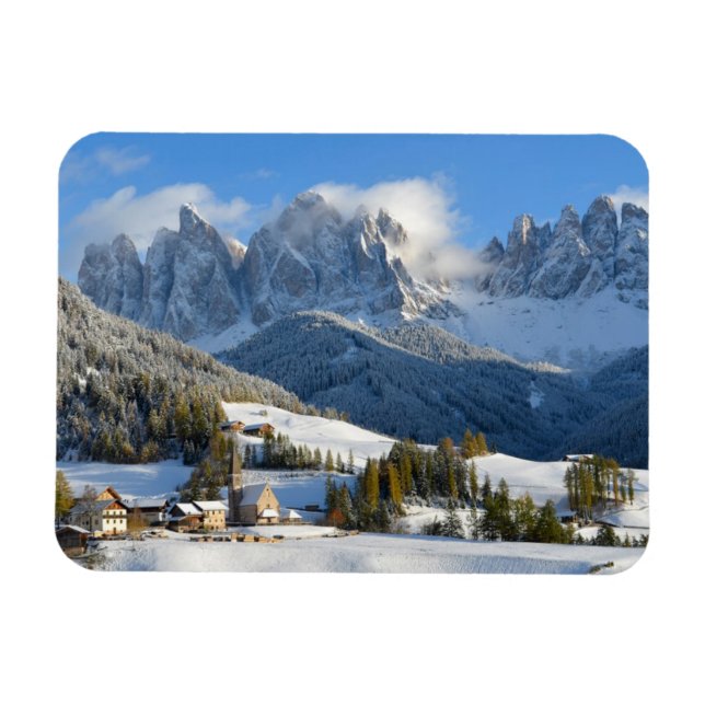 Dolomites village in winter rectangular magnet (Horizontal)