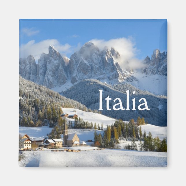 Dolomites village in winter text magnet (Front)