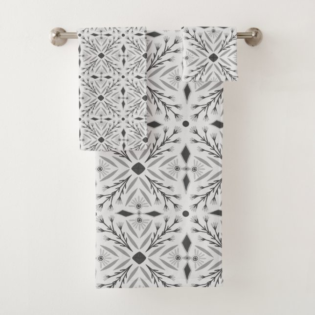 Dolores Botanical Tile Pattern Grey Bath Towel Set (Insitu)