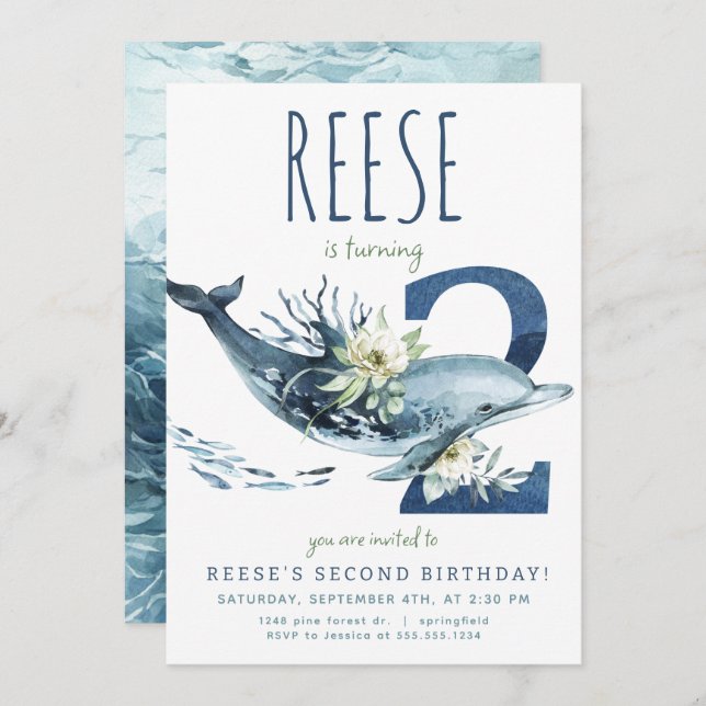 Dolphin 2nd Birthday Invitation (Front/Back)