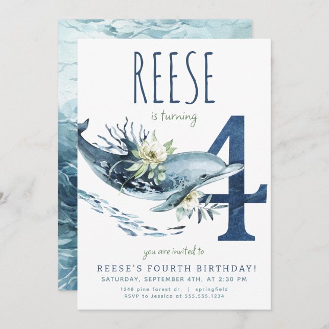 Dolphin 4th Birthday Invitation (Front/Back)