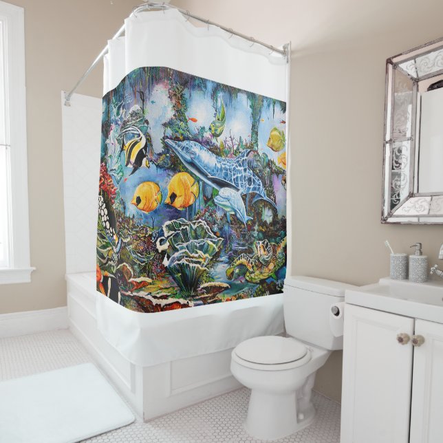 Dolphin and Fish Swim Near Reef Shower Curtain (In Situ)