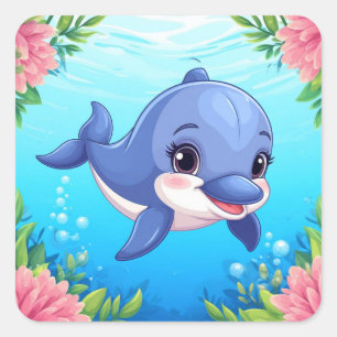 Dolphin And Flowers For Ocean Lovers Square Sticker