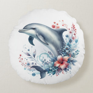 Dolphin and Flowers Round Cushion