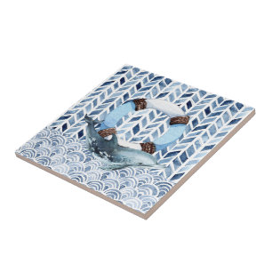Dolphin and lifebuoy on maritime pattern ceramic tile