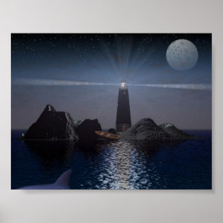 Dolphin and Lighthouse at night Poster