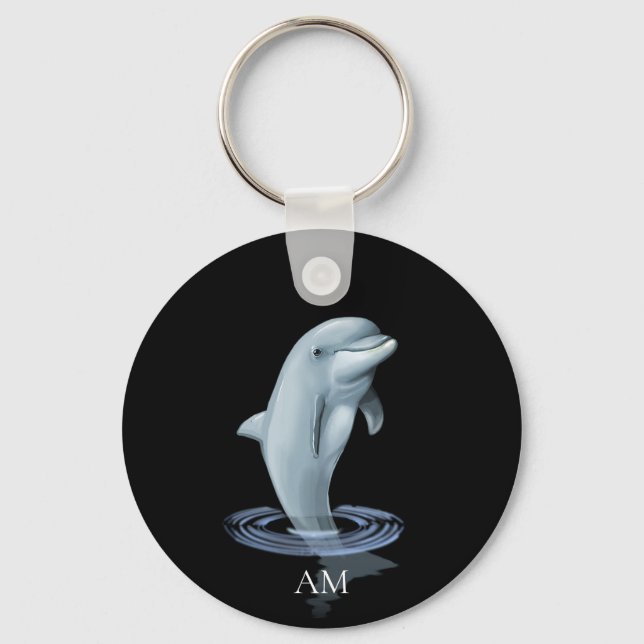 Dolphin, and Monogram on Black Key Ring (Front)