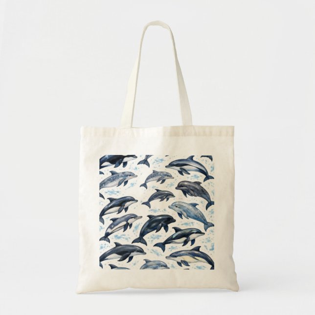 Dolphin and Orca Watercolor Ocean Pattern Tote Bag (Front)