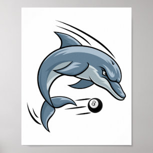 Dolphin Animal Billiards Pool Cartoon Character Poster