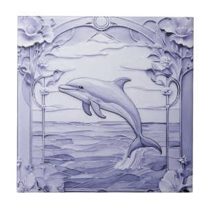 Dolphin Art Nouveau Faux Relief Blue & White Left Ceramic Tile