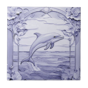 Dolphin Art Nouveau Faux Relief Blue & White Right Ceramic Tile