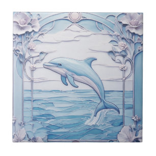 Dolphin Art Nouveau Faux Relief Light Blue Left Ceramic Tile