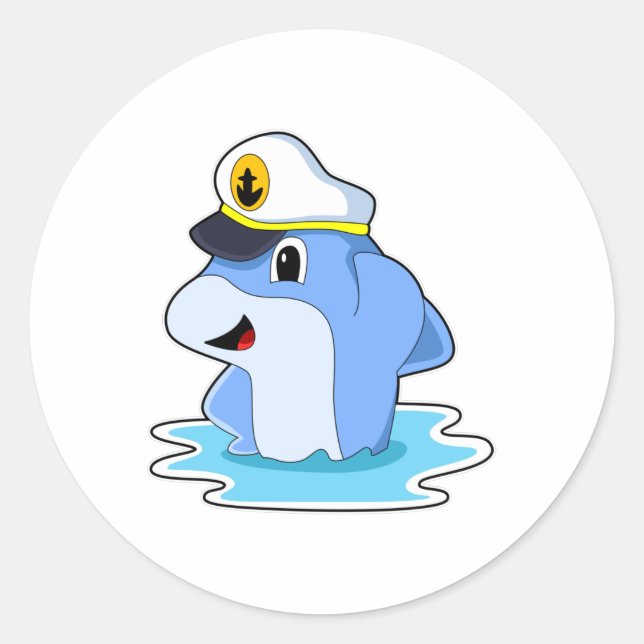 Dolphin as Captain with Hat Classic Round Sticker (Front)