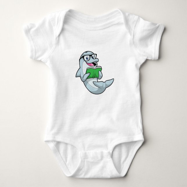 Dolphin as Nerd with Glasses & Book Baby Bodysuit (Front)