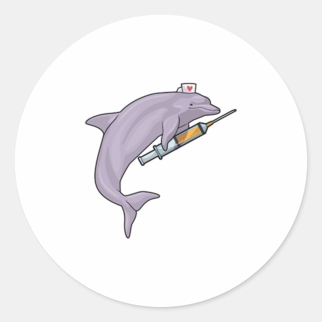 Dolphin as Nurse with Syringe Classic Round Sticker (Front)