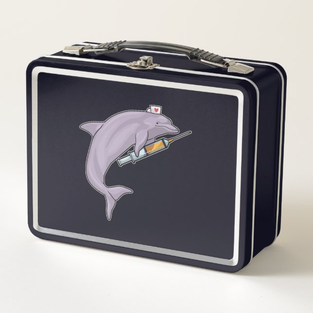 Dolphin as Nurse with Syringe Metal Lunch Box (Front)