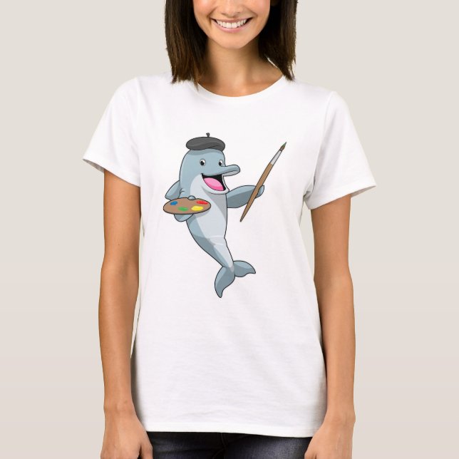 Dolphin as Painter with Paint brush & Color T-Shirt (Front)