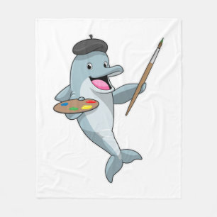 Dolphin as Painter with Paint brush & Colour Fleece Blanket