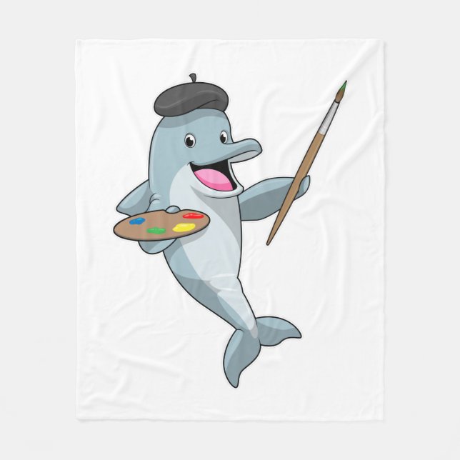 Dolphin as Painter with Paint brush & Colour Fleece Blanket (Front)