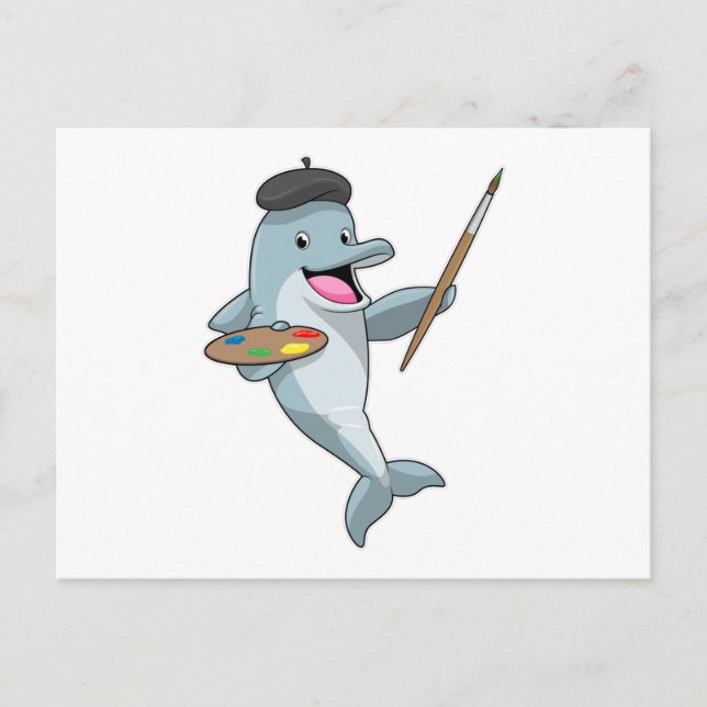 Dolphin as Painter with Paint brush & Colour Postcard (Front)