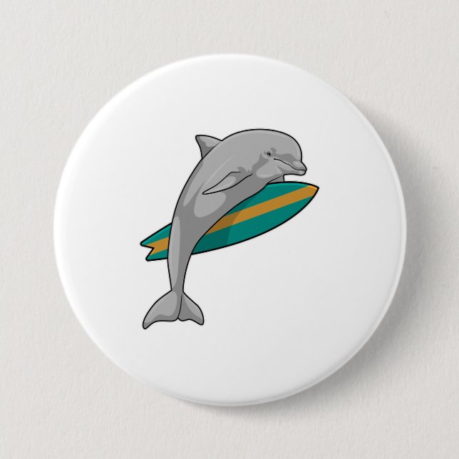 Dolphin as Surfer with Surfboard 7.5 Cm Round Badge (Front)